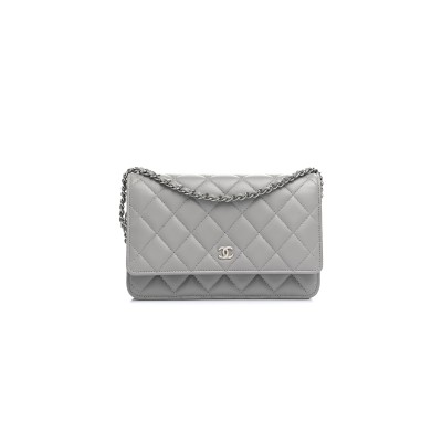 CHANEL LAMBSKIN QUILTED WALLET ON CHAIN WOC GREY (19*13*3cm) 